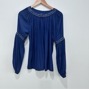 Ramy Brook Wyatt studded satin long sleeve blouse top navy blue XS